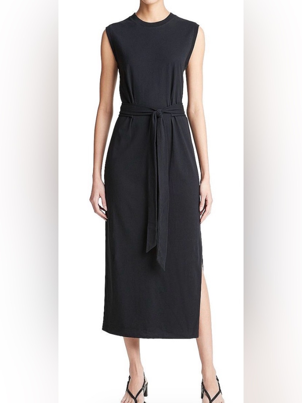 Vince Black Cotton Jersey Sleeveless Belted Midi Dress, Small, Minimalist